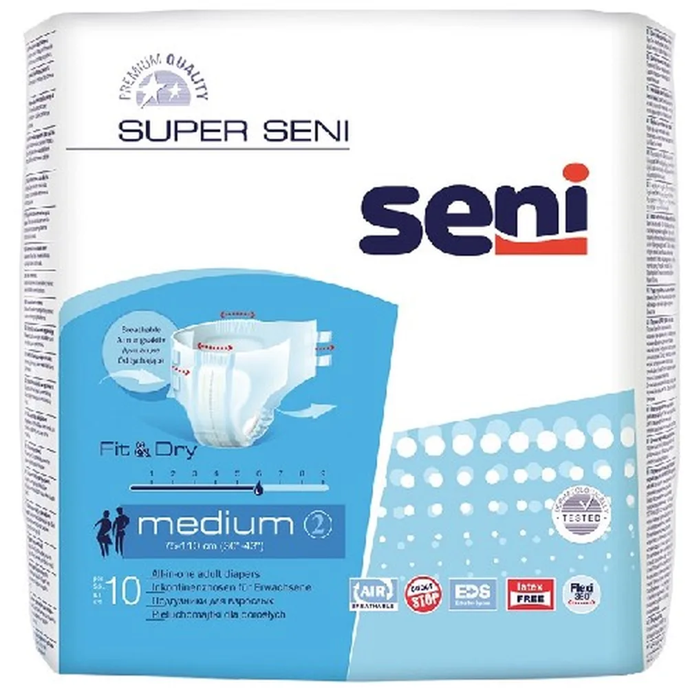 Seni Super Adult Diapers Size Medium Waist Circumference 75-110 cm 10 pcs.