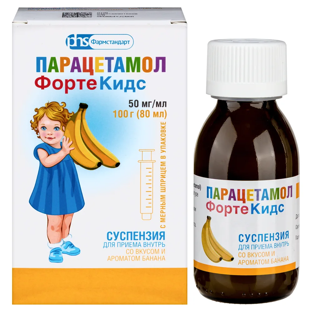 Paracetamol Forte Kids 50 mg/ml suspension for oral use banana flavor 100 g (80 ml) with measuring syringe