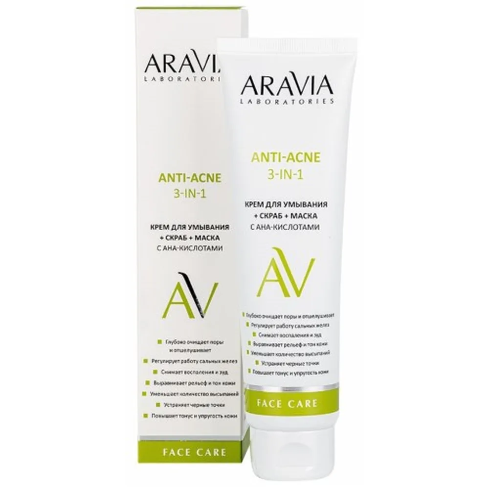 Aravia Laboratories Anti-Acne 3-in-1 Cream for Cleansing + Scrub + Mask with AHA Acids 100 ml