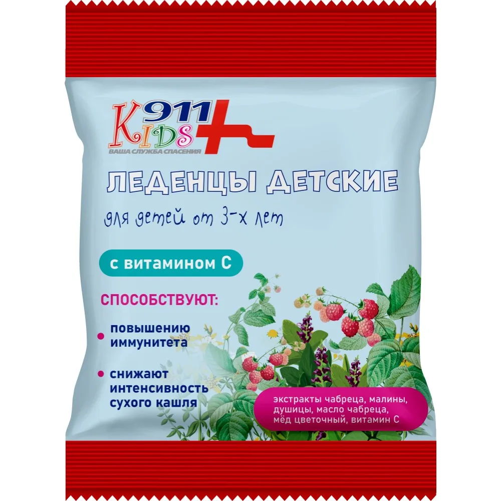 911 Kids Throat Lozenges with Thyme Extract, Oregano, Honey, and Vitamin C 50 g Lozenges