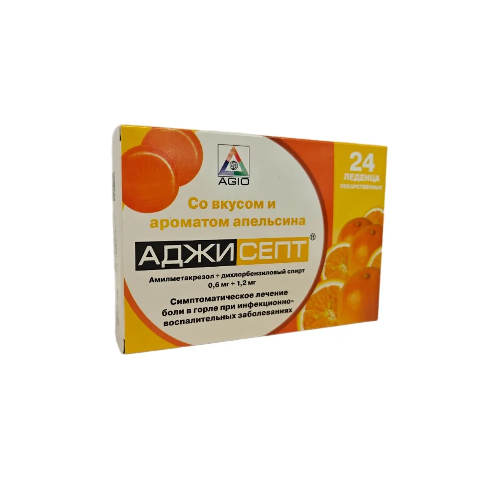 Adjisept 0.6 mg + 1.2 mg 24 pcs. medicinal lozenges with orange flavor and aroma
