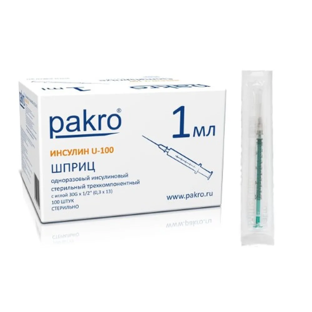 Pakromedical 3-component insulin syringe with needle 0.3x13 mm 1 ml 100 pcs u-100