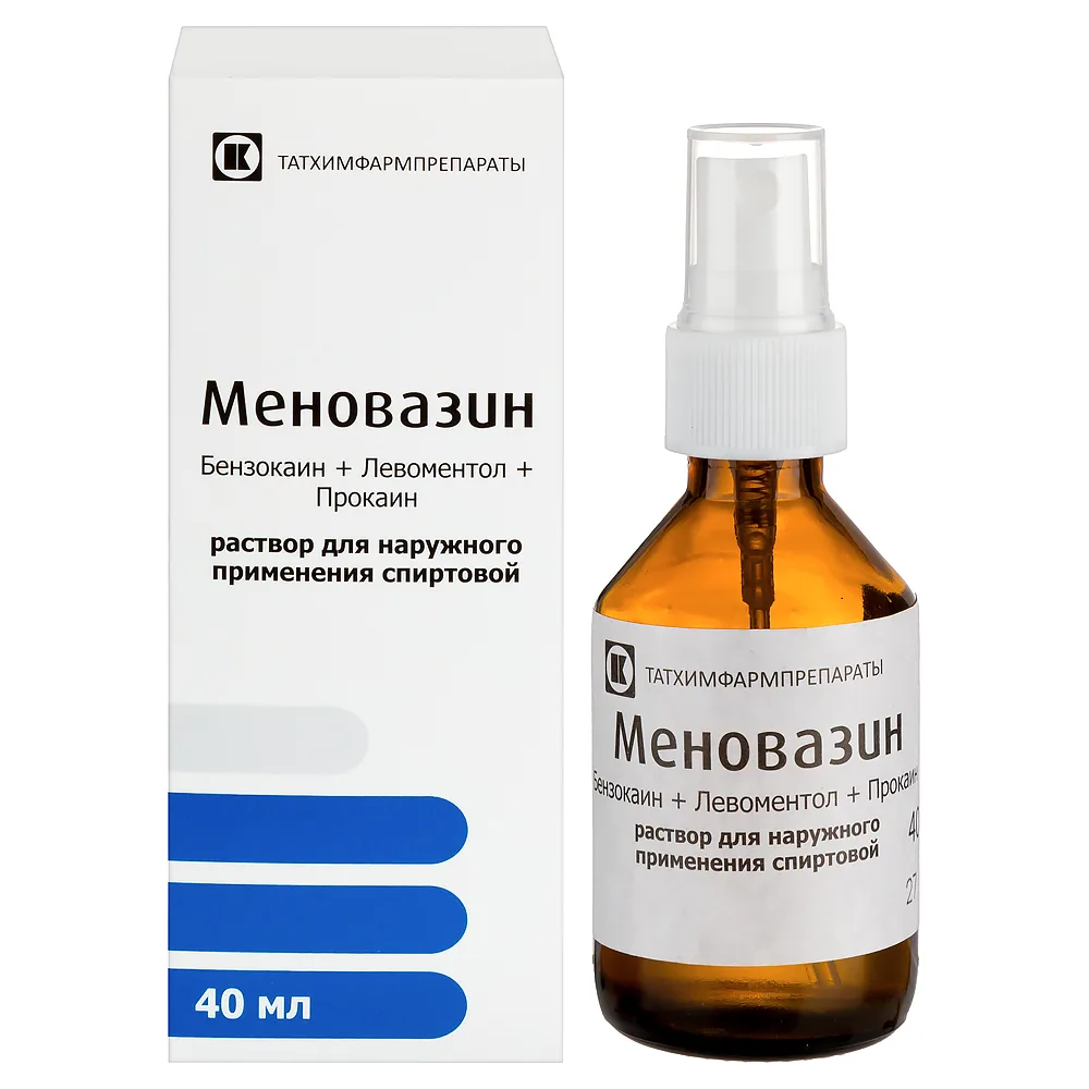Menovazin [INN] solution for external use, alcoholic, 40 ml bottle with spray, glass