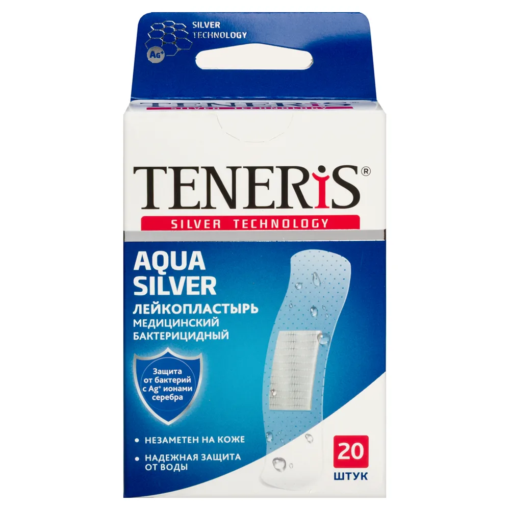 Teneris medical adhesive plaster antibacterial polymer-based 7.6x1.9 cm 20 pcs. aqua silver