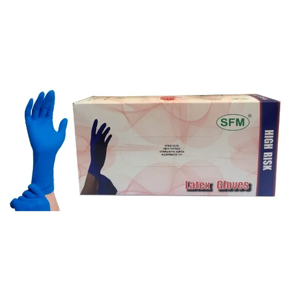 SFM Non-Sterile Latex Examination Gloves M 25 Pairs/Blue Unpowdered Textured Extra Strong Extended Cuff Chlorination Single Use