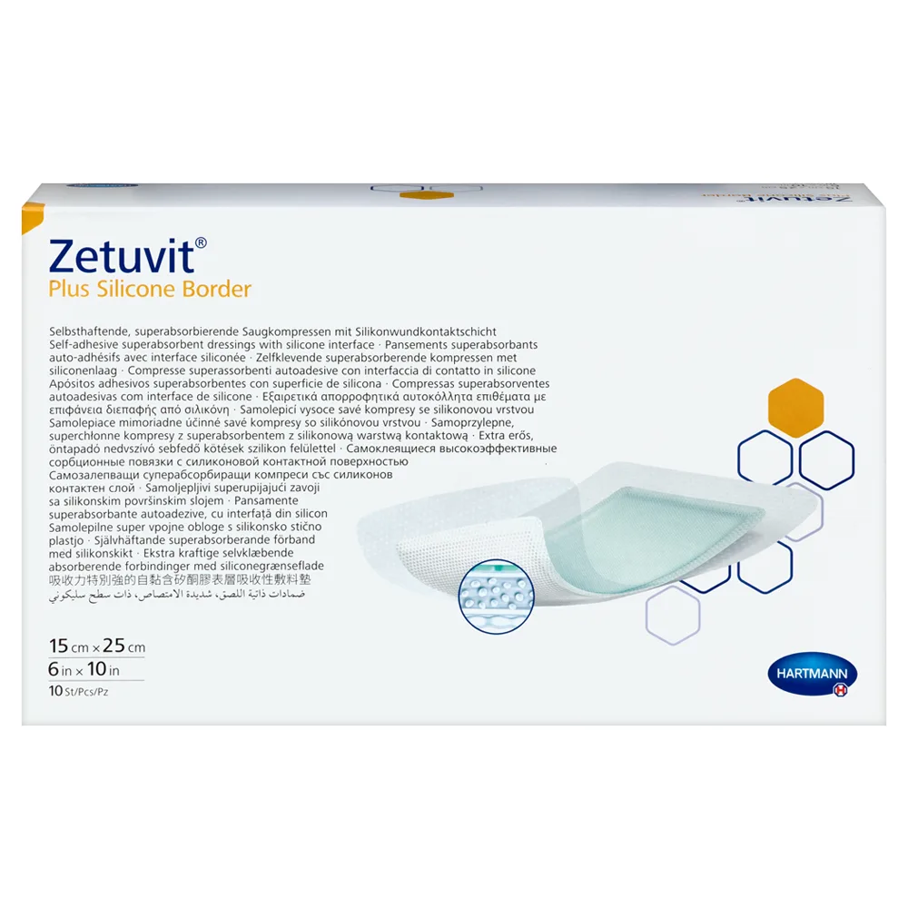 Zetuvit Plus Silicone Border Superabsorbent Dressing with Silicone Contact Layer Self-Adhesive 15x25 cm 10 pcs.