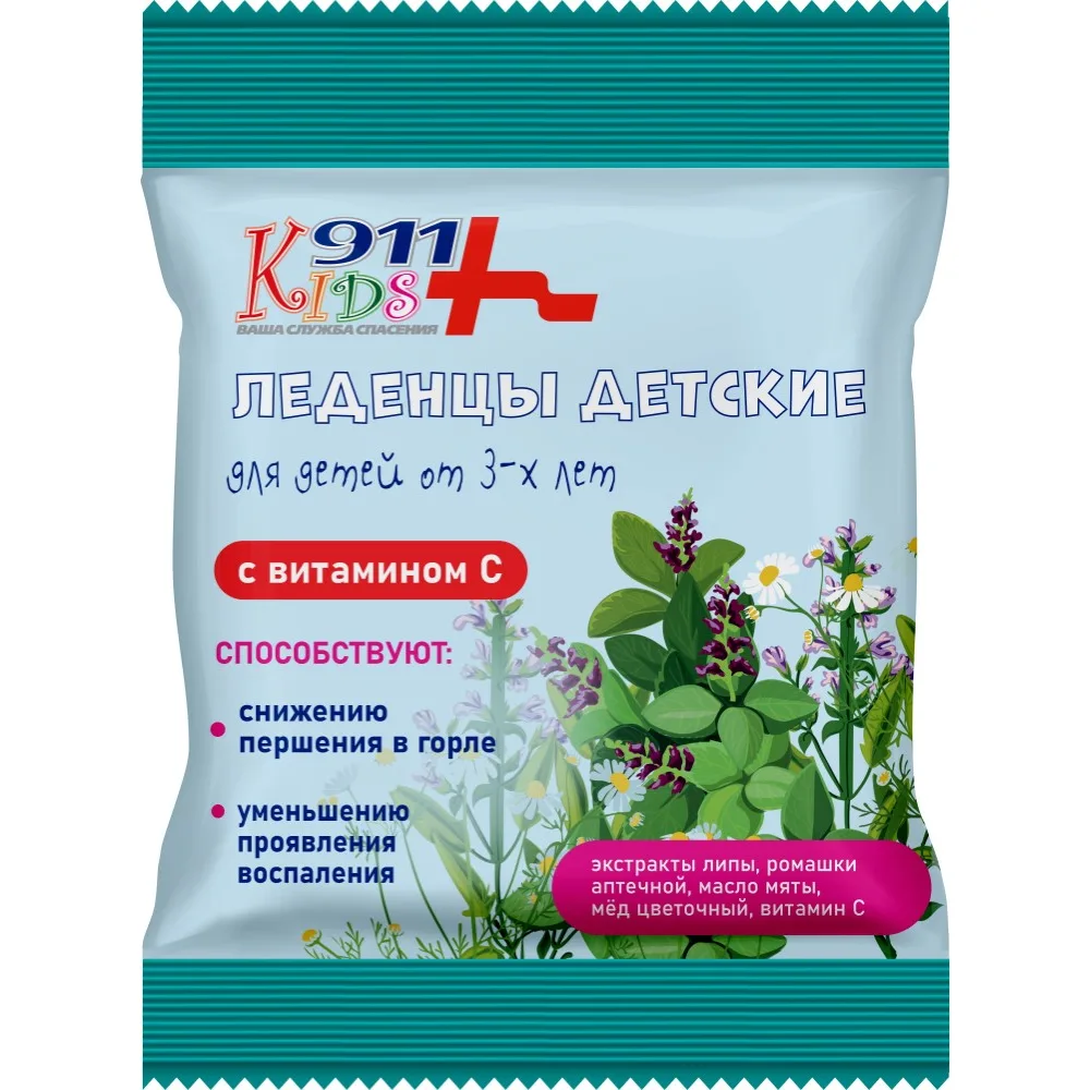 911 Kids candies with linden extract, chamomile extract, honey, and vitamin C 50 g candies