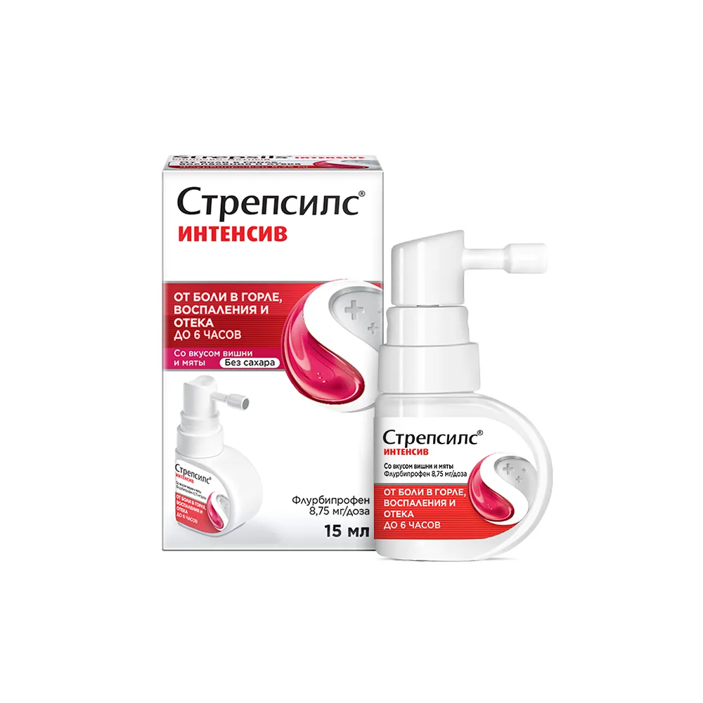 Strepsils Intensive 8.75 mg/dose spray for local use, metered 15 ml with cherry and mint flavor