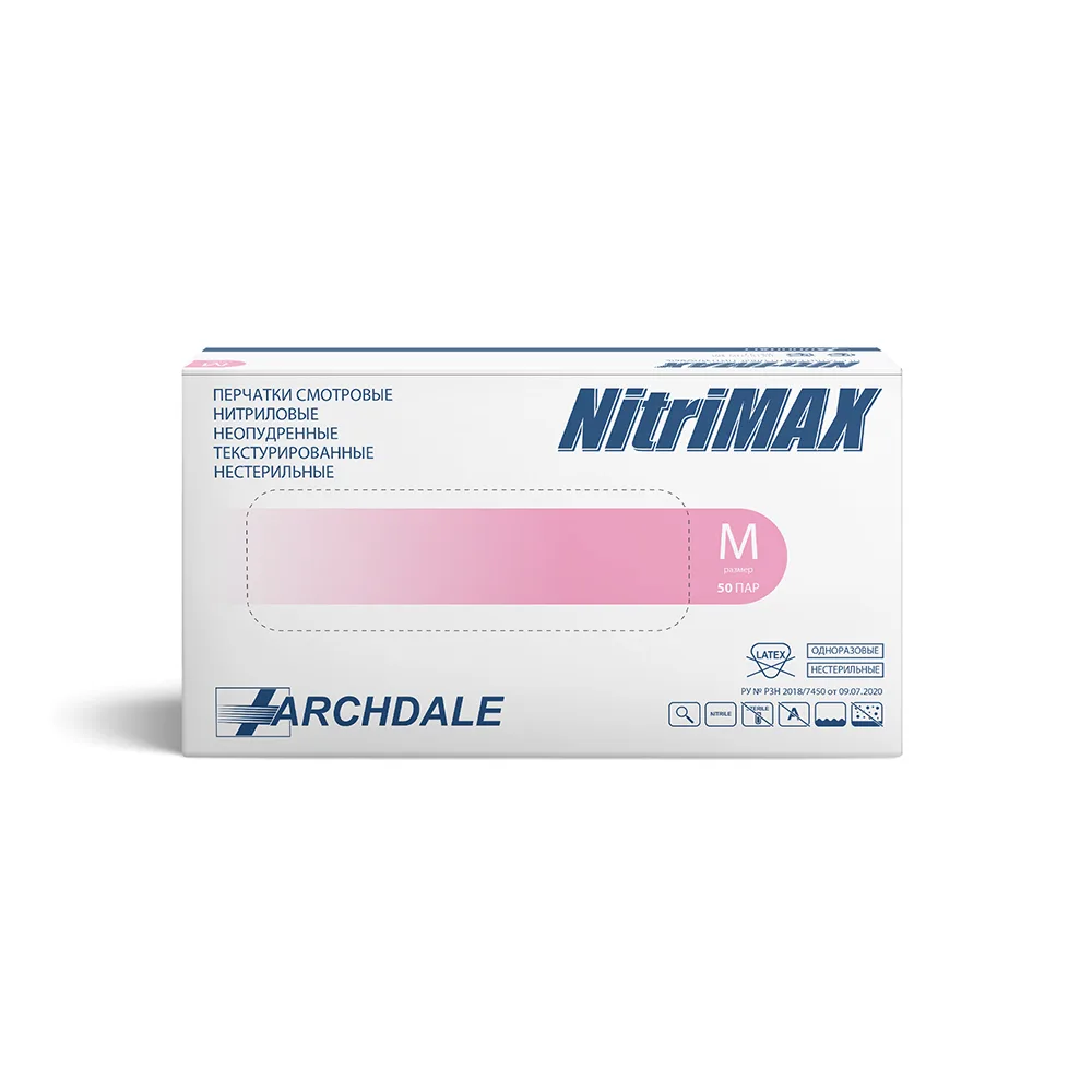 Archdale Nitrimax Non-Sterile Powder-Free Textured Nitrile Examination Gloves M 50 pairs/pink