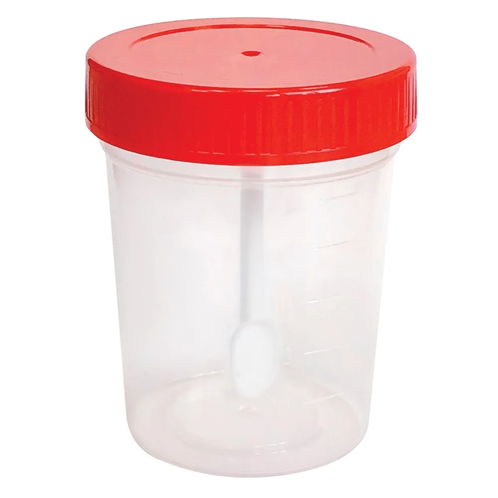 Sterile polymer container for biological material with lid and spoon 60 ml