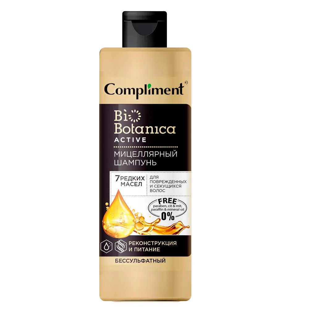 Compliment Biobotanica Active Micellar Shampoo 7 Rare Oils for Damaged and Split Ends Hair Reconstruction and Nourishment with Thermal Protection 380 ml