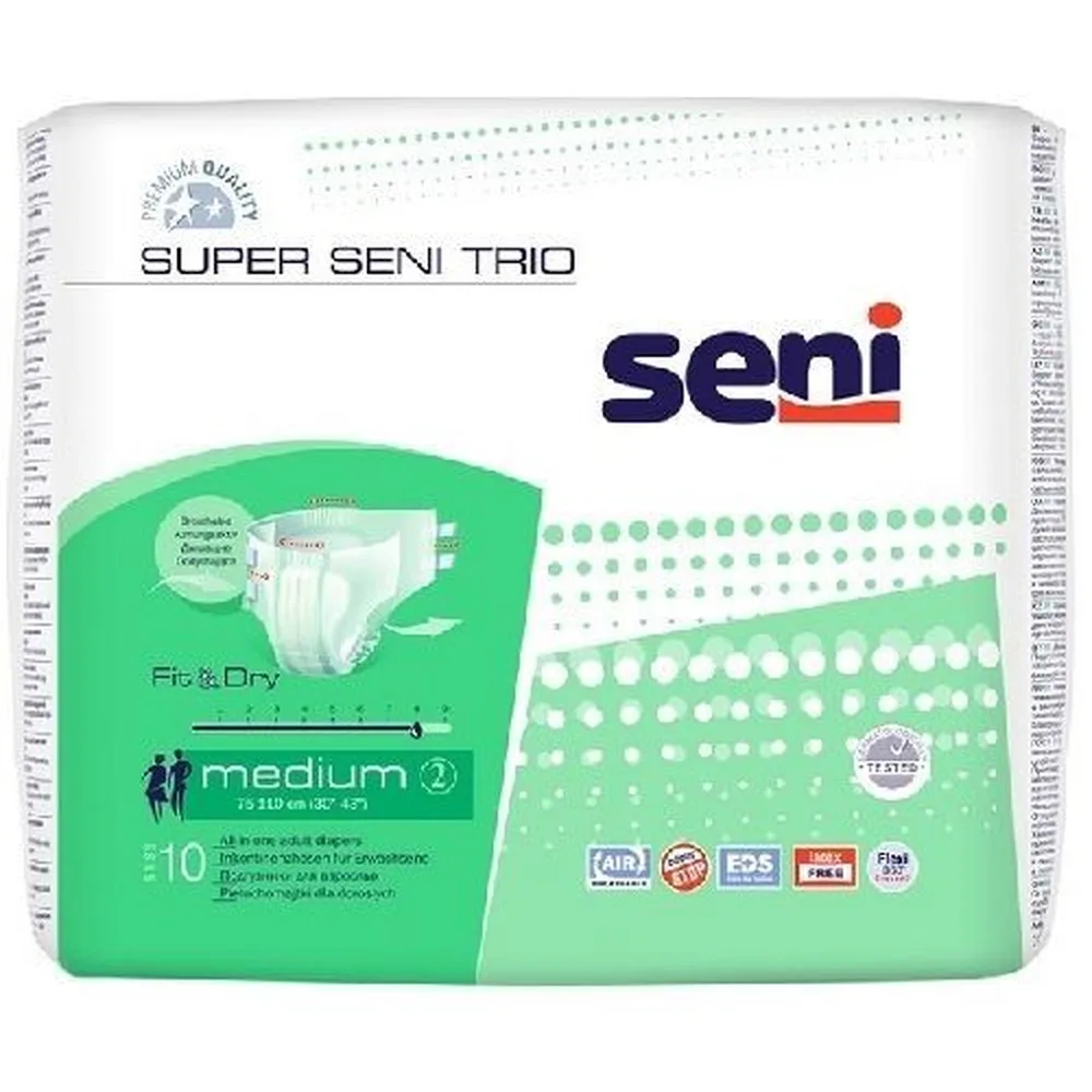 Seni Super Trio Adult Diapers Size Medium Waist Circumference 75-110 cm 10 pcs