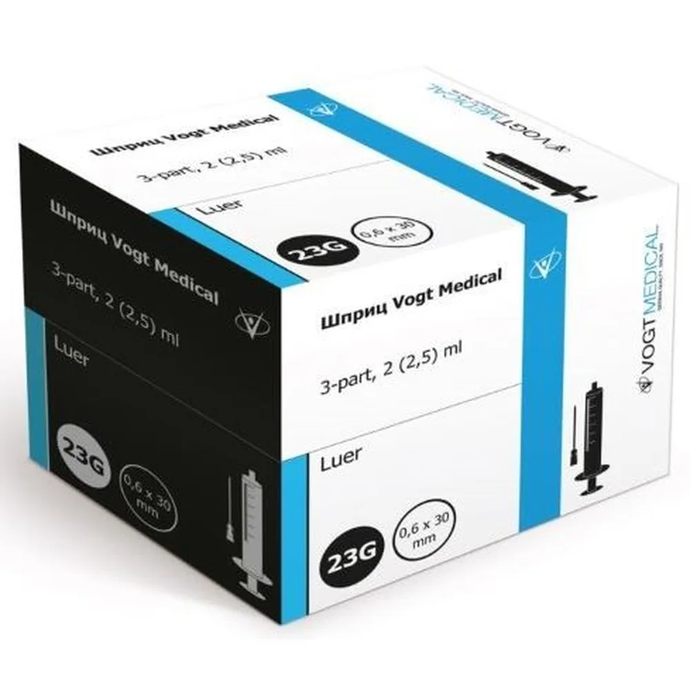 Vogt Medical 2 ml 3-component syringe with 23g needle, 100 pcs.