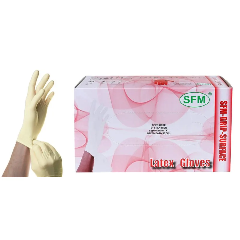 SFM Non-Sterile Latex Examination Gloves L 50 Pairs/Natural Powder-Free Textured Chlorinated Single Use