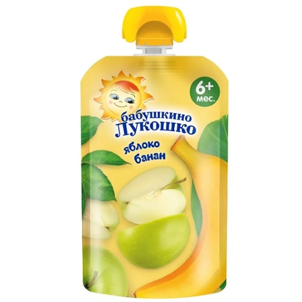Babushkino Lukoshko fruit puree from bananas and apples homogenized sterilized for early childhood nutrition 90 g