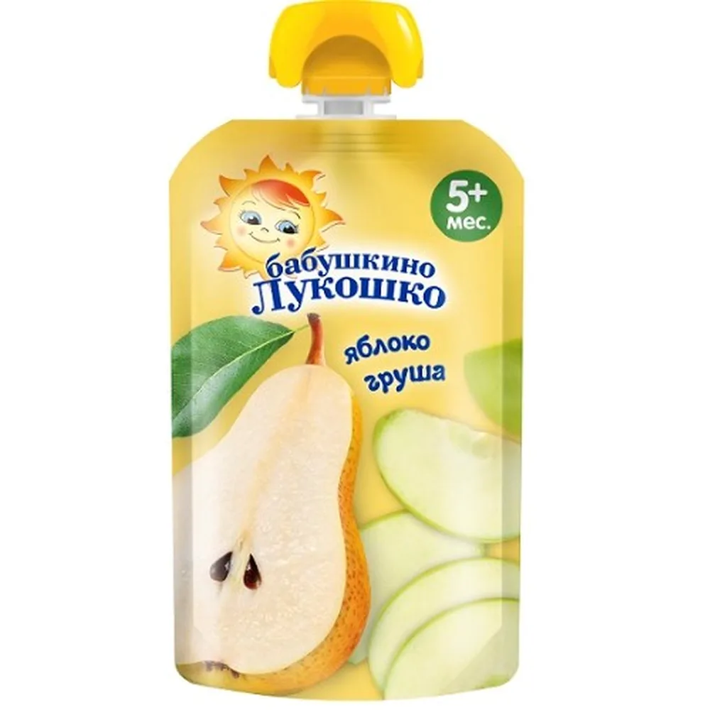 Babushkino Lukoshko Pear and Apple Puree Fruit Homogenized Sterilized for Early Age Nutrition 90 g
