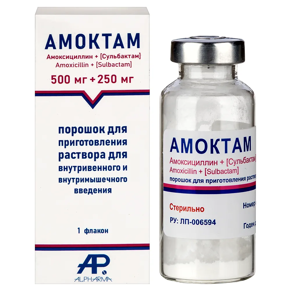 Amoktam powder for solution for intravenous and intramuscular administration 500 mg + 250 mg vial 1 pc.