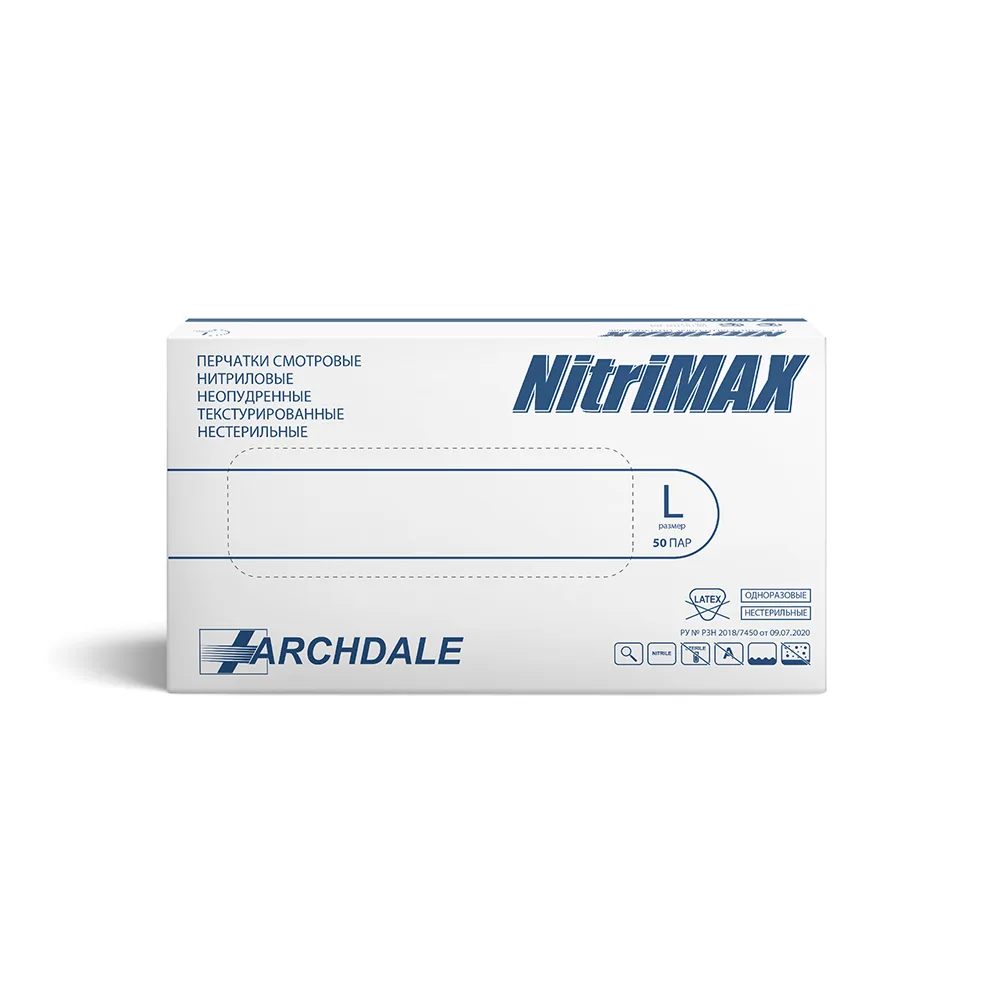 Archdale Nitrimax Non-Sterile Powder-Free Textured Nitrile Examination Gloves L 50 pairs/White