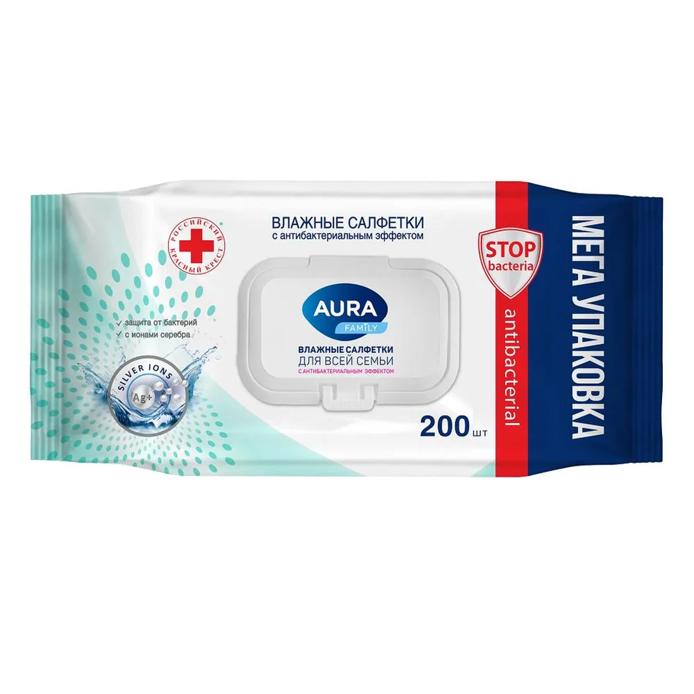 Aura antibacterial wipes family for the whole family 200 pcs with lid