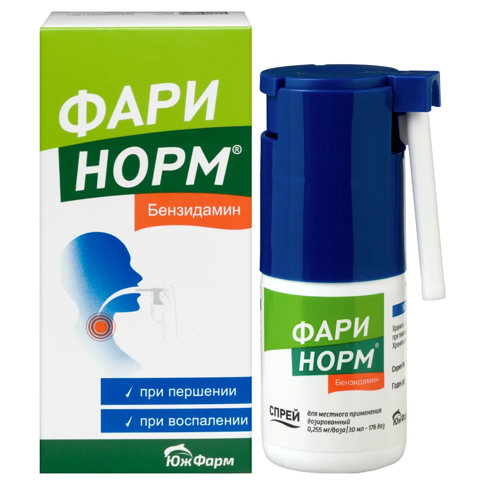 Farinorm benzidamine 0.255 mg/dose spray for local use 30 ml