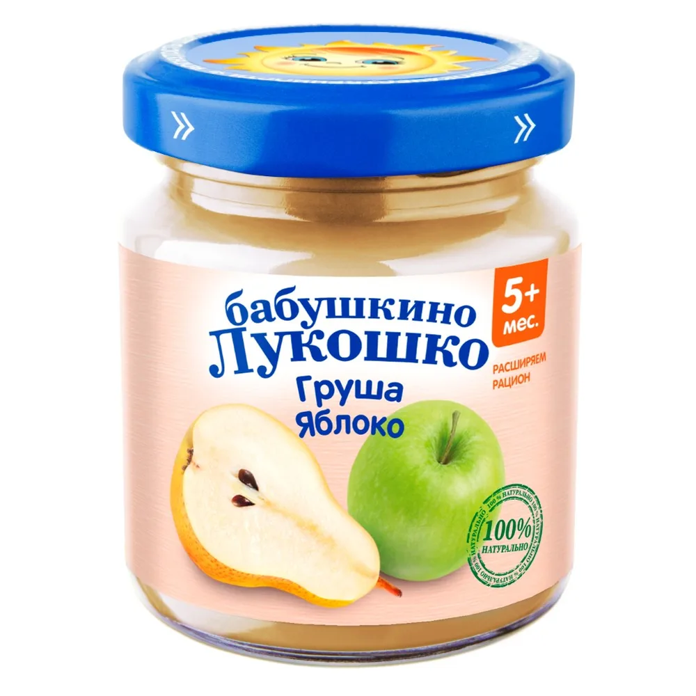 Babushkino Lukoshko Fruit Puree from Pears and Apples Homogenized Sterilized for Early Age Children Nutrition 100 g
