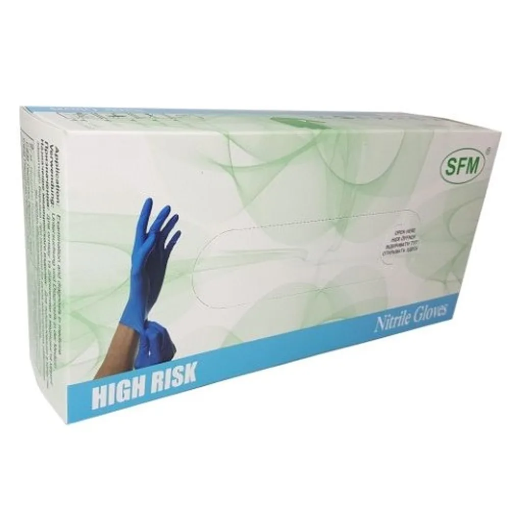 SFM Nitrile Examination Gloves Non-Sterile M 25 Pairs/Blue Powder-Free Textured Extra Strong Extended Cuff Chlorinated Single Use