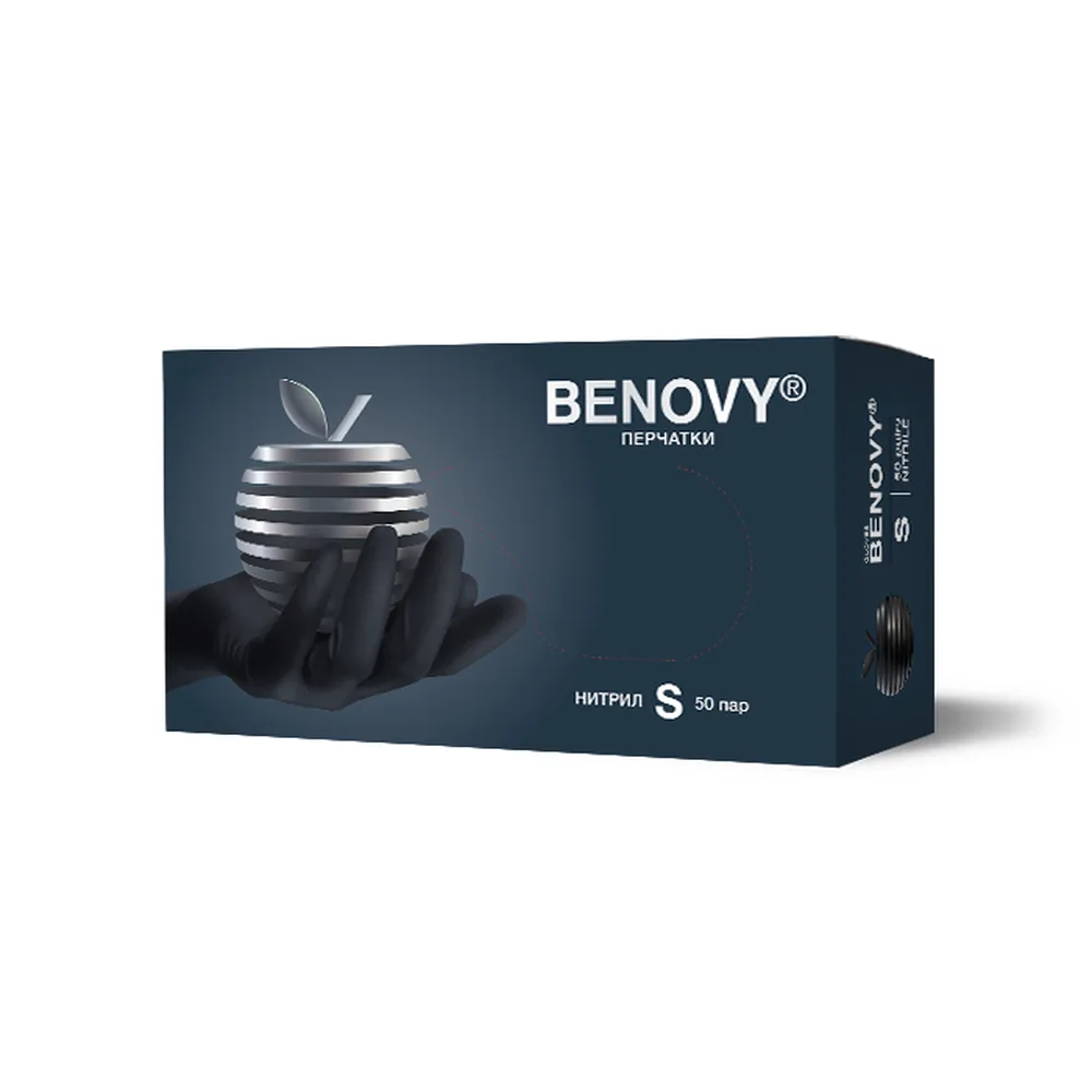 Benovy Nitrile Examination Gloves Non-Sterile Powder-Free Textured Fingertips Chlorinated Size S 50 pairs/Black